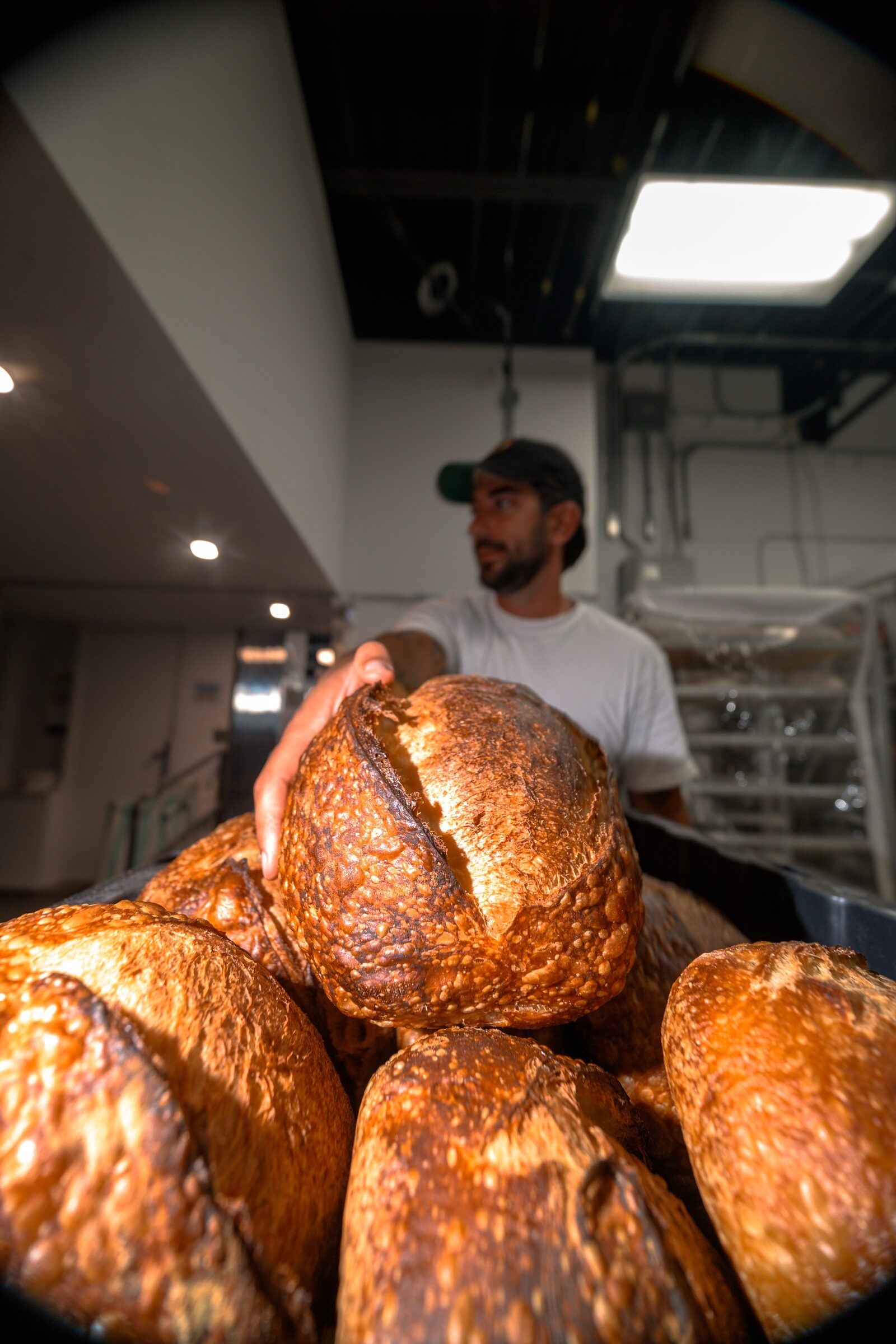 A baker holding a sourdough loaf at Penelope Bakehouse