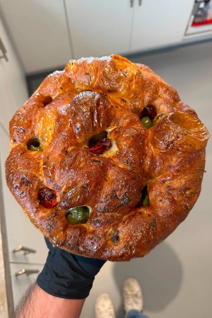 Focaccia Barese with olives and tomatoes from Penelope Bakehouse in Scarborough