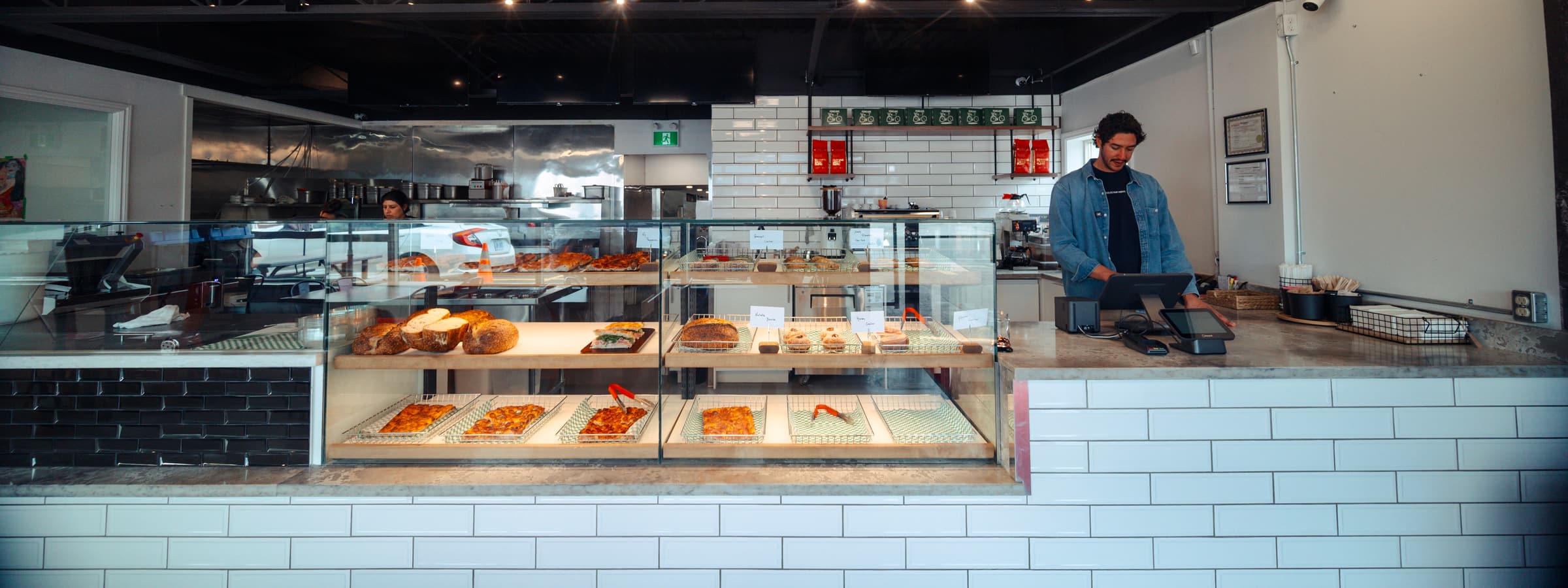 The counter and pastry case at Penelope Bakehouse, an Italian cafe in Scarborough
