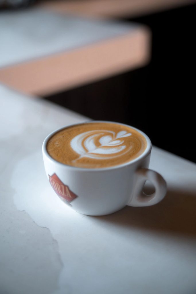 A latte with latte art at Penelope Bakehouse in Scarborough
